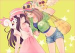  ;) adjusting_eyewear alternate_color alternate_costume bag baseball_cap black_hair blue_eyes brown_hair denim denim_shorts dress eyewear_on_head gen_3_pokemon gen_4_pokemon hair_ornament hairclip handbag haruka_(pokemon) hat hikari_(pokemon) komasawa_(fmn-ppp) midriff multiple_girls navel one_eye_closed pachirisu pink_dress pokemon pokemon_(creature) pokemon_(game) pokemon_dppt pokemon_rse porkpie_hat shiny_pokemon shorts smile star starry_background sunglasses swablu 