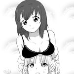  7001 artist_name bra breast_rest breasts breasts_on_head collarbone furutani_himawari greyscale large_breasts monochrome multiple_girls oomuro_sakurako simple_background smile sweatdrop underwear white_background yuru_yuri 