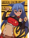  absurdres animal_ears aoi_senri bad_id bad_pixiv_id blue_hair blush borrowed_character breasts cat_ears cat_tail collar dark_skin dated gaju_(akia73) happy_birthday highres large_breasts long_hair looking_at_viewer multiple_tails original paw_pose simple_background solo tail yellow_background 