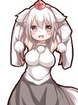  animal_ears bad_id bad_pixiv_id bare_shoulders blush breasts chikuwa_savi detached_sleeves fang floppy_ears hat inubashiri_momiji large_breasts looking_at_viewer open_mouth red_eyes short_hair silver_hair simple_background skirt solo tokin_hat touhou white_background wolf_ears 