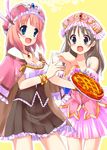  :d atelier_(series) atelier_rorona atelier_totori blue_eyes blush bracelet breasts brown_hair brown_skirt capelet cleavage cowboy_shot food frills grey_eyes hands_together hat headdress jewelry long_hair medium_breasts minidraco multiple_girls necklace open_mouth orange_hair outline pie pink_skirt pleated_skirt rororina_fryxell short_hair skirt smile totooria_helmold yellow_background 