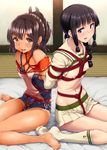  aya_shachou bangs bare_shoulders barefoot bdsm black_hair blunt_bangs blush bondage bound braid breasts brown_eyes crotch_rope highres i-401_(kantai_collection) kantai_collection kitakami_(kantai_collection) long_hair looking_at_viewer multiple_girls navel nipples one-piece_swimsuit open_mouth ponytail purple_eyes rope sailor_collar school_swimsuit school_uniform serafuku shibari short_hair short_ponytail small_breasts swimsuit tan tanline white_legwear 