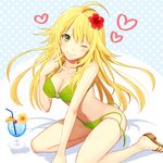  ahoge bikini blonde_hair blue_hawaii breasts cherry cleavage drink flower food fruit green_bikini green_eyes hibiscus hoshii_miki idolmaster idolmaster_(classic) long_hair medium_breasts nakahara_(fukufuku) one_eye_closed orange smile solo swimsuit tropical_drink twintails untied v 