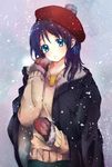  beret blue_eyes blue_hair hanabisdrop hat hiradaira_chisaki long_hair mittens nagi_no_asukara snow solo sweater 