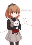  alternate_costume blue_eyes blush brown_hair dress hair_ribbon heart heart_of_string jikasei kantai_collection kumano_(kantai_collection) long_hair looking_at_viewer pantyhose ponytail ribbon solo stuffed_animal stuffed_toy teddy_bear wide_ponytail younger 