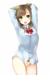  arms_up blush bow bow_panties brown_hair brown_panties dress_shirt green_eyes looking_at_viewer no_pants open_mouth original panties shirt short_hair simple_background solo sweater unasaka_ryou underwear undressing white_background white_shirt 