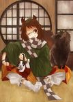  animal_ears artist_request bloomers bracelet brown_eyes brown_hair futatsuiwa_mamizou glasses grin indian_style japanese_clothes jewelry leaf leaf_on_head no_shoes one_eye_closed pince-nez raccoon_ears raccoon_tail round_window scarf short_hair sitting smile solo tail tanuki touhou underwear window 