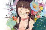  bad_id bad_pixiv_id breasts brown_hair dancho_(dancyo) flower glasses highres long_hair looking_at_viewer original plant signature small_breasts solo sweat topless yellow_eyes 