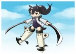  animal_ears black_eyes black_hair chibi dog_ears dog_tail dual_wielding holding katana kitagou_fumika military military_uniform open_clothes open_shirt ponytail scabbard school_swimsuit sheath shirt solo striker_unit swimsuit swimsuit_under_clothes sword tail uniform uno_ichi weapon world_witches_series 