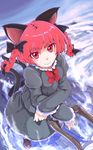  absurdres animal_ears blush bow braid breasts cat_ears cat_tail hair_bow hayate-s highres kaenbyou_rin long_hair long_sleeves looking_at_viewer looking_up medium_breasts multiple_tails red_eyes red_hair ribbon skirt smile solo spirit tail touhou twin_braids wheelbarrow 