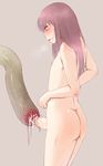  ass bar_censor censored commentary_request cum flat_chest futanari heavy_breathing highres long_hair looking_down nipples nude open_mouth penis pointless_censoring purple_hair solo tentacles wachiwo 