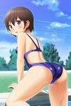  arm_support ass back blue_eyes blue_sky blush brown_hair chain-link_fence cloud competition_swimsuit day fence highres looking_at_viewer looking_back one-piece_swimsuit open_mouth original poolside sawada_yuusuke shiny shiny_clothes short_hair sky solo swimsuit water wet 