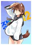  animal_ears brown_hair dog_ears dog_tail looking_at_viewer miyafuji_yoshika salute short_hair smile solo strike_witches swimsuit swimsuit_under_clothes tail uno_ichi world_witches_series yellow_eyes 