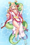  aqua_eyes barefoot blonde_hair blush breasts dress hair_ornament hair_ribbon kaki_s looking_at_viewer medium_breasts meimei_(p&amp;d) open_mouth puzzle_&amp;_dragons ribbon smile snake solo turtle_shell 