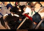  blue_hair borrowed_character konshin long_hair multiple_boys multiple_girls pixiv_fantasia pixiv_fantasia_fallen_kings red_eyes short_hair weapon white_hair 