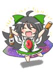  ahoge alcohol beer black_hair black_wings blush bow chibi hair_bow reiuji_utsuho rindou_(p41neko) smile solo touhou wings 