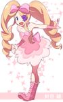  bad_id bad_pixiv_id bare_shoulders blonde_hair blue_eyes boots bow dress drill_hair earrings eyepatch hair_bow harime_nui heart jewelry kill_la_kill long_hair open_mouth pink_bow pink_footwear shiyano smile solo strapless strapless_dress twin_drills twintails wrist_cuffs 
