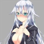  black_heart blush breasts cleavage frown grey_background large_breasts long_hair minagi neptune_(series) open_clothes open_shirt shirt silver_hair solo sweatdrop symbol-shaped_pupils white_hair 