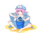  :t breasts bucket eating food food_on_face hat japanese_clothes kieeyo large_breasts long_sleeves pink_eyes pink_hair pudding saigyouji_yuyuko sitting smile solo spoon touhou triangular_headpiece wide_sleeves 