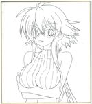  bad_id bad_pixiv_id breast_hold breasts crossed_arms fuurin_rei greyscale highres large_breasts lineart long_hair looking_at_viewer monochrome original shikishi smile solo tomoyan_(nyakkoya) upper_body 