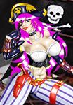  alternate_costume blue_eyes breasts choker cleavage dokudami_kusa earrings elbow_gloves eyepatch gloves gun handgun hat holster hoop_earrings jewelry large_breasts lips lipstick long_hair makeup midriff navel pants pink_hair pirate pirate_hat pistol poison_(final_fight) skull_and_crossbones solo street_fighter street_fighter_iv_(series) striped vertical_stripes weapon 