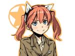 animal_ears blue_eyes blush_stickers francie_gerard hair_ribbon horse_ears horse_girl looking_at_viewer military military_uniform orange_hair ribbon smile solo star twintails uniform uno_ichi world_witches_series 