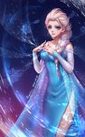  2014 bare_shoulders blonde_hair blue_dress blue_eyes braid breasts cleavage dated dress elsa_(frozen) frozen_(disney) hair_over_shoulder highres kenin lipstick long_hair makeup medium_breasts side_slit signature single_braid smile snowflakes solo 