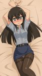  arms_up black_hair blush breasts crotch_seam cuffs handcuffs ikune_juugo long_hair looking_at_viewer lying medium_breasts on_back panties panties_under_pantyhose pantyhose restrained solo thighband_pantyhose underwear 