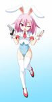  animal_ears bunny_ears bunnysuit fake_animal_ears gun highres ikune_juugo looking_at_viewer one_eye_closed pink_eyes pink_hair smile solo thighhighs weapon white_legwear 