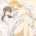  arm_hug breasts brown_hair charlotte_e_yeager closed_eyes gertrud_barkhorn hair_ribbon highres jatts large_breasts lying md5_mismatch multiple_girls open_clothes open_shirt orange_hair panties ribbon shirt sleeping strike_witches twintails underwear world_witches_series yuri 