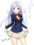  aila_jyrkiainen alternate_costume ayatudura bad_id bad_pixiv_id blue_eyes breasts cleavage gundam gundam_build_fighters medium_breasts school_uniform silver_hair skirt skirt_lift solo 