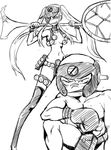  1girl ball bandaid bandaid_on_nose boxing_gloves boxing_headgear fukuroda_takaharu greyscale grin hakodate_omiko highres kill_la_kill long_hair monochrome nudist_beach_uniform racket scope sharp_teeth sketch skg smile smirk teeth tennis_ball tennis_racket thighhighs twintails visor_cap white_background 