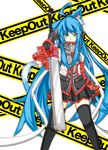  animal_ears bad_id bad_pixiv_id black_legwear caution_tape chainsaw coup_(shun_soku) green_eyes highres keep_out long_hair looking_at_viewer original shun_soku simple_background solo thighhighs very_long_hair white_background 