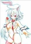  absurdres animal_ears bad_id bad_pixiv_id blush bunny_ears bunny_tail extra_ears food fruit fuurin_rei glasses highres kemonomimi_mode long_hair original red_eyes red_legwear simple_background smile solo strawberry tail tomoyan_(nyakkoya) traditional_media white_background 