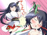  bare_shoulders black_hair blood blush breast_slap breasts closed_eyes deego_(omochi_bazooka) detached_sleeves fusou_(kantai_collection) hair_ornament huge_breasts japanese_clothes kantai_collection long_hair multiple_girls nontraditional_miko nosebleed open_mouth short_hair skirt translated yamashiro_(kantai_collection) 