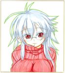  bad_id bad_pixiv_id breasts fuurin_rei highres large_breasts long_hair looking_at_viewer original red_eyes shikishi simple_background smile solo sweater tomoyan_(nyakkoya) traditional_media upper_body white_background white_hair 