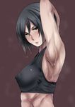  arm_behind_head arm_up armpits black_hair breasts commentary_request highres looking_at_viewer medium_breasts mikasa_ackerman muscle nipples puffy_nipples shingeki_no_kyojin skin_tight solo sweat wachiwo 
