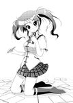  akabane_iori blush greyscale kneeling kyou_ami! looking_at_viewer monochrome porurin simple_background skirt solo twintails white_background 