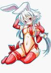  animal_ears bad_id bad_pixiv_id blush breasts bunny_ears covered_nipples elbow_gloves fuurin_rei glasses gloves highres long_hair medium_breasts navel original red_eyes red_gloves red_legwear ribbon simple_background smile solo tomoyan_(nyakkoya) traditional_media white_hair 