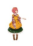  apron bell boots bow character_name checkered clothes_writing frills full_body green_skirt hair_bell hair_bobbles hair_ornament highres hoshiko_(superparadox) japanese_clothes motoori_kosuzu name_tag pink_hair realistic red_eyes short_hair skirt smile solo superparadox touhou transparent_background wide_sleeves 