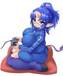  blue_eyes blue_hair breasts controller game_controller gamepad glasses highres higuma hooves horn jacket large_breasts long_hair looking_at_viewer ponytail smile solo tail track_jacket 