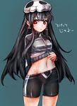  :&lt; bike_shorts borrowed_character dokurohime earrings highres jacket jewelry long_hair looking_at_viewer midriff navel original red_eyes shorts simple_background skirt skirt_lift skull solo taishi_(picchiridou) track_jacket zipper 