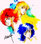  1boy 2girls afro alternate_hairstyle black_eyes blonde_hair blue_hair cosmo_yuki densetsu_kyojin_ideon highres kasha_imhof kitty_kitten long_hair multiple_girls red_hair yamato4289 