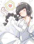  bangs black_hair blunt_bangs braid bride closed_eyes dress elbow_gloves flower gloves jewelry kantai_collection key kitakami_(kantai_collection) locket long_hair mushiboy pendant ring single_braid smile solo wedding_band wedding_dress 