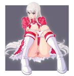  anus bangs blunt_bangs boots breasts censored dress frills jeibii large_breasts lili_(tekken) long_hair looking_at_viewer panties panty_pull parted_lips pussy sitting solo tekken tekken_6 tsurime two-tone_background underwear white_hair white_panties 