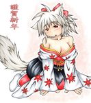  absurdres animal_ears bare_shoulders blush breasts cleavage detached_sleeves drunk fang highres inte_(whitewolftail) inubashiri_momiji japanese_clothes kimono looking_away medium_breasts red_eyes ribbon short_hair silver_hair sitting solo tail touhou translation_request wolf_ears wolf_tail yukata 