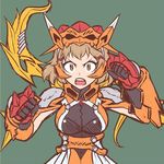  breasts brown_eyes brown_hair cosplay green_background kazuma_(scryed) kazuma_(scryed)_(cosplay) large_breasts matsushitakun_(matsunosasakure) open_mouth orange_armor power_fist scryed senki_zesshou_symphogear short_hair solo tachibana_hibiki_(symphogear) 