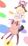  :d blonde_hair blush bow charlotte_(madoka_magica) closed_eyes dress drill_hair highres hug hug_from_behind long_hair long_sleeves looking_up mahou_shoujo_madoka_magica momoe_nagisa multiple_girls on_head open_mouth orange_eyes pantyhose pleated_skirt ribbon school_uniform shoes skirt smile tomoe_mami twin_drills twintails umeboshi_jin white_background 