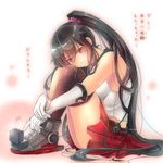  black_hair breasts gloves kantai_collection large_breasts leg_hug long_hair miniskirt ponytail red_eyes red_skirt ring_box school_uniform serafuku serino_itsuki single_thighhigh skirt solo thighhighs translation_request yahagi_(kantai_collection) 