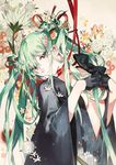  black_gloves bow breasts floral_background flower gloves green_eyes green_hair hair_flower hair_ornament hair_ribbon hair_stick hands_clasped hatsune_miku head_tilt interlocked_fingers long_hair medium_breasts open_clothes own_hands_together red_ribbon ribbon smile starshadowmagician twintails vocaloid 